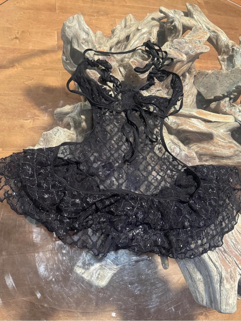 Sheer Lace Babydoll with Open-cup bra & Ruffled Hem